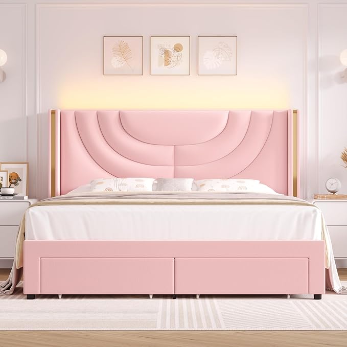 HITHOS Full Upholstered LED Bed Frame with 2 Storage Drawers, Velvet Platform Bed with Wingback Headboard, Solid Wooden Slats Support, No Box Spring Needed, Headboard Splicing Design, Pink