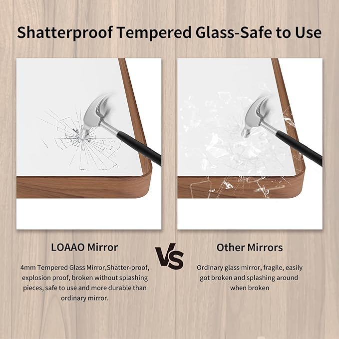 LOAAO 48X30 Inch Bathroom Mirror with Wood Grain Colored Metal Frame, Rounded Rectangle Metal Framed Bathroom Mirror, Anti-Rust, Hangs Horizontally or Vertically, Tempered Glass