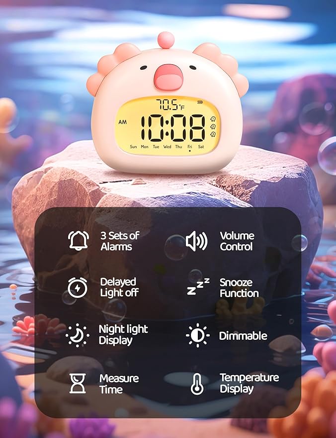 Axolotl Alarm Clock with Night Light for Kids Girls, Cute Pink Axolotl Lamp Digital Clocks, Timer, 3 Alarms, Date & Day, USB Rechargeable Bedrooms Decor Party Favors