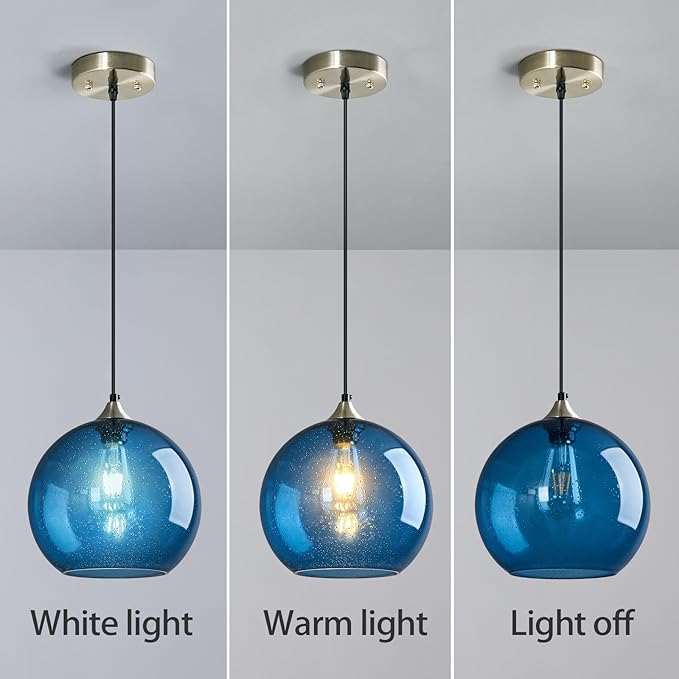 Blue Glass Pendant Lights Kitchen Island Lighting Globe Pendant Light Fixtures Modern Pendant Lighting for Kitchen Island Bedroom Living Dining Room Light Fixture(9.84in, 3-Pack)
