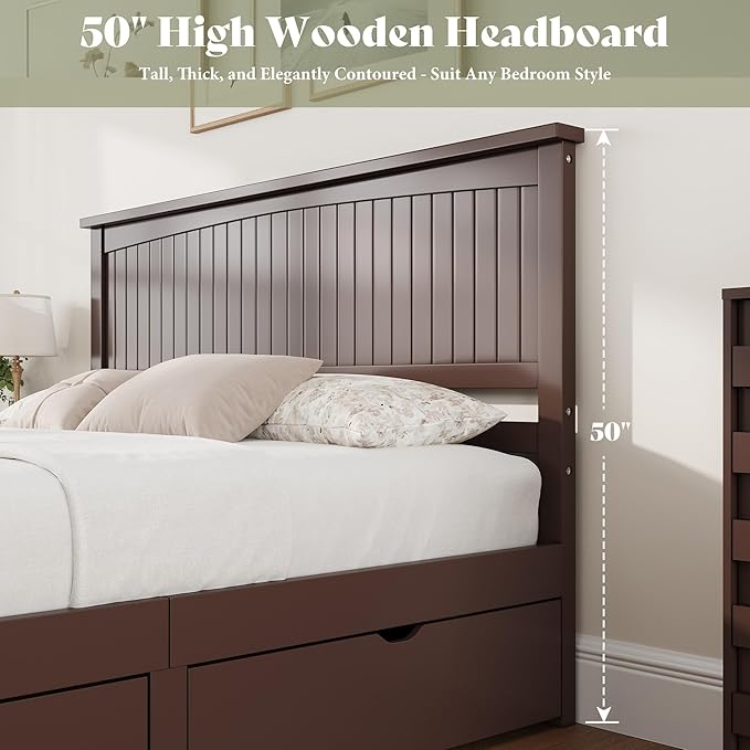 AMERLIFE Queen Size Solid Wood Bed Frame with 50" Tall Headboard, Mid-Century Modern Bed with Storage, Wooden Platform Bed Frame with 2 Drawers, No Box Spring Needed, Espresso