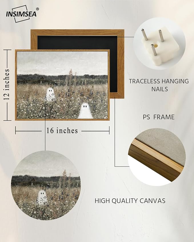 InSimSea Framed Canvas Prints Art Ghost Decor, Vintage Halloween Meadow with Flowers Painting, Spooky Gothic Decor, Rustic Landscape Pictures for Living Room, 12x16inch