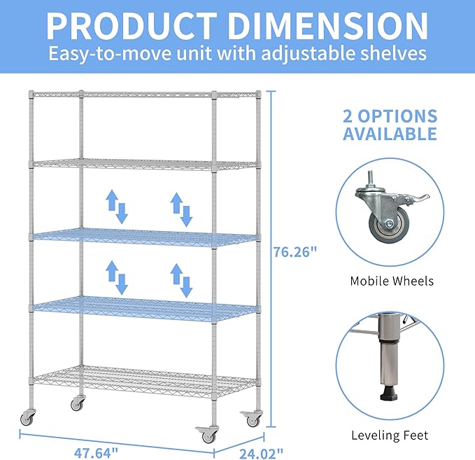 5 Tier Metal Shelving Unit with Wheels, 72" H x 48”W x 24”D Industrial Storage Shelves 1500 LBS Load Capacity, Steel Wire Storage Shelving for Garage, Kitchen, Pantry, Living Room