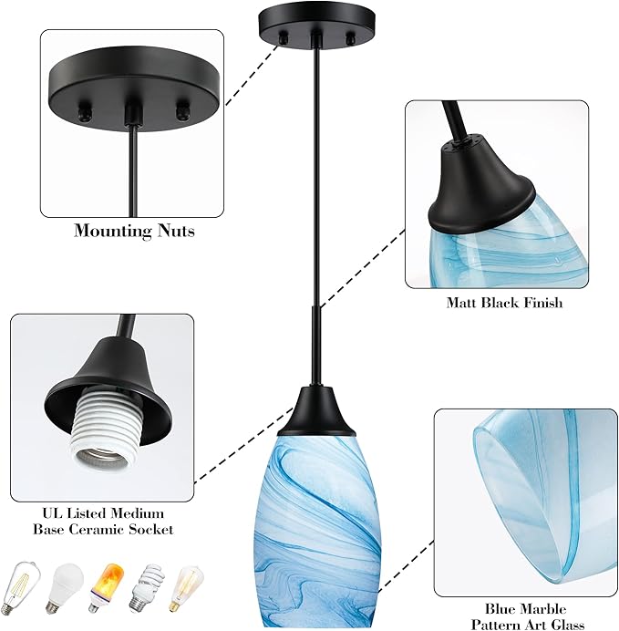 Mini Glass Pendant Light 4.72" with Handblown Blue Marble Art Glass Hanging Light 3-Pack Oval Ceiling Hanging Light Fixture for Dining Room Kitchen Island Cafe Foyer Hallway