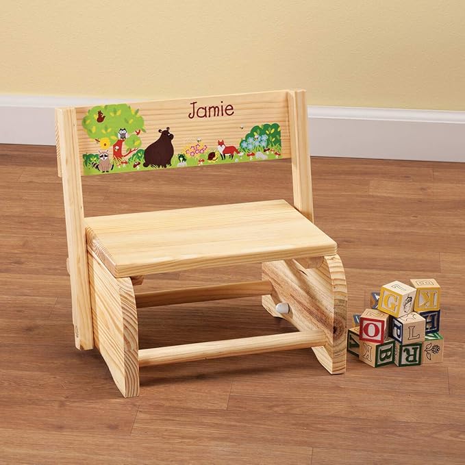 Custom 2-in-1 Children's Step Stool and Chair, Customized with Kid’s Name, Woodland Animals Design