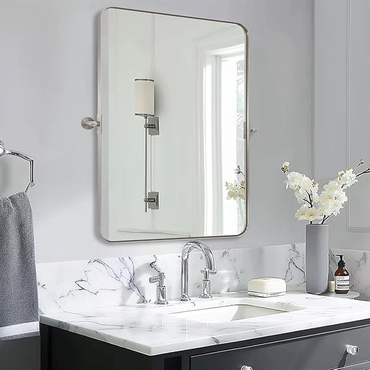28"x36" Brushed Nickel Pivot Bathroom Mirror, Silver Metal Framed Rounded Rectangular Wall Mirrors, Tilting Beveled Vanity Mirror, Wall-Mounted Mirrors Hangs Vertically Only(Overall 31.75" x 36")