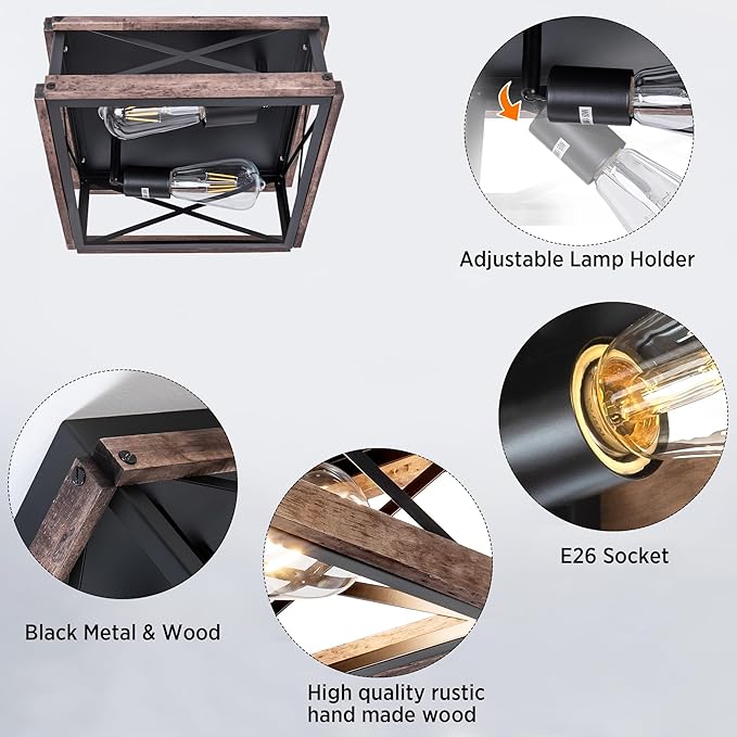 MAYNA 2-Light Industrial Ceiling Light Fixtures, Farmhouse Flush Mount Ceiling Light, Metal and Wood Square Dining Room Light Fixture for Hallway Bedroom Balcony Farmhouse,Black