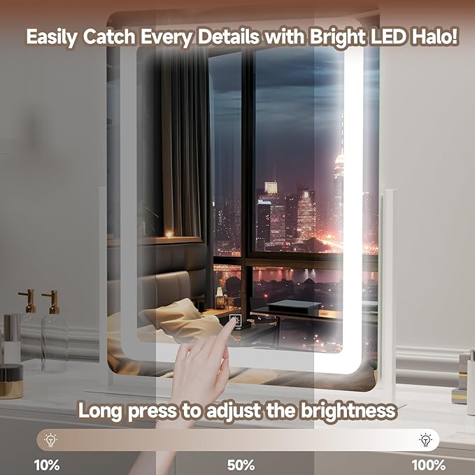 PRIMETEK Vanity Mirror with Lights, 19"x22" Large Makeup Mirror with Lights, LED Lighted Makeup Mirror, Touch Screen with 3-Color Lighting, Dimmable for Vanity Desk Tabletop, Bedroom, White