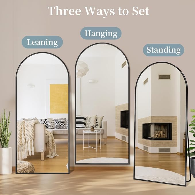 Full Length Mirror with Stand, 71"x28" Arched Full Body Mirrors, Large Stand Up Mirror, Aluminum Frame Floor Standing Mirrors, Freestanding Hanging Leaning Mounted for Bedroom Living Room Black