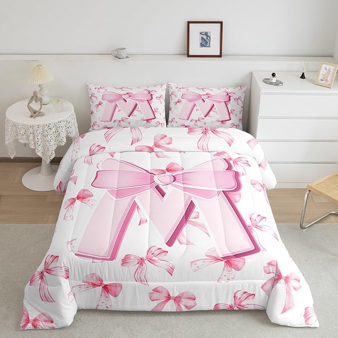 jejeloiu Kids Girls Cute Pink Bow Comforter Set Full Size Monogrammed Bedding Set Ultra Soft Personalized Initial M Duvet Quilt Coquette Bow Knot Quilt Set Room Decor Modern Fashion Comforter