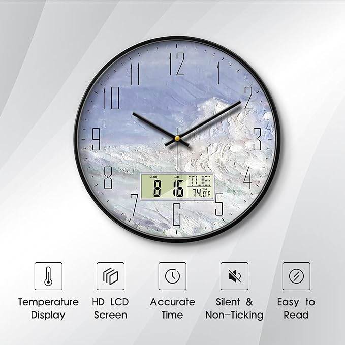 Digital Wall Clock Battery Operated with Day and Date Temperature Blue White Wave Calendar Clock with Large Display Silent for Room Bathroom Bedroom Living Room Farmhouse Decor 12 Inch