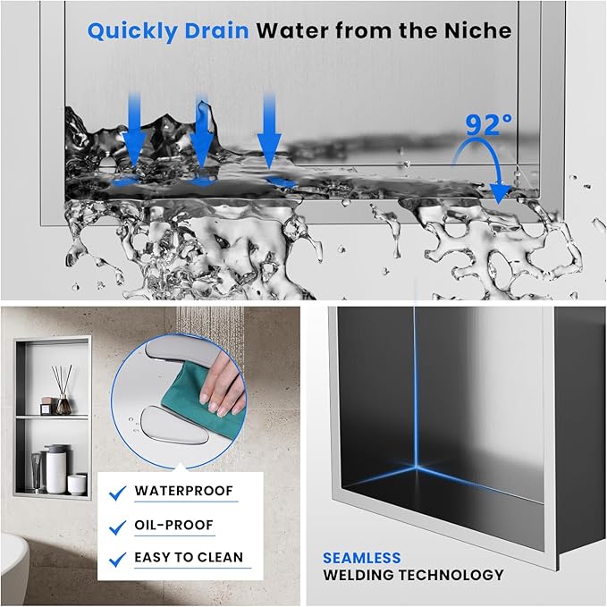 POPFLY 12"×24" Stainless Steel Shower Niche, Double Shelves Bathroom Niche No Tile Needed Recessed Niche Shower for Bathroom Storage, Horizontal or Vertical Insert, Nano Silver
