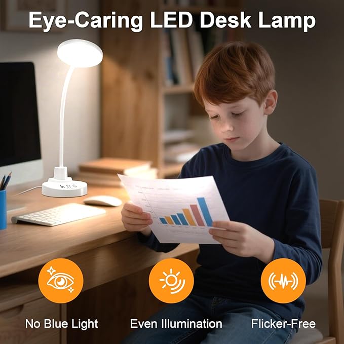 15W LED Desk Lamp with USB Charging Ports – Dimmable Table Lamp with 3 Color Temps, 5 Brightness, 4 Timers, Flexible Gooseneck Light with Base, Eye-Caring Reading Light for Home Office, Bedroom, Study