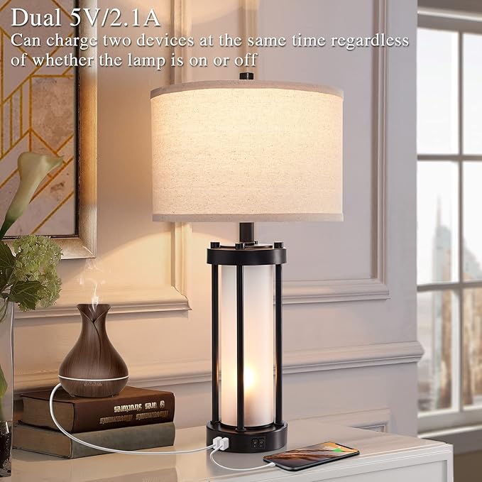 RORIA Set of 2 Modern Table Lamps for Living Room with 2 USB Ports, White Frosted Glass Nightlight for Bedroom, Contemporary Desk Lamps for Nightstand End Table Entryway, 4 Bulbs Included (Black)
