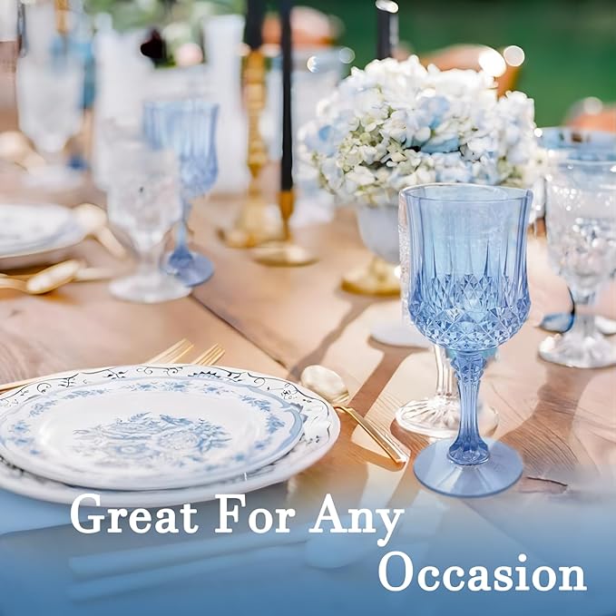 Plastic Wine Glasses，Plastic Goblets Vintage Style Cordial Drinking Glasses for Wedding Reception, Grand Event Party Supplies (24, Blue)