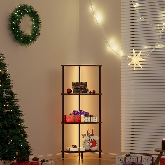 4 Tier Corner Shelf with LED Light,Bookcase for Small Spaces,Display Shelf,Narrow Bookshelf,Plant Stand,Rustic Brown and Black,Suitable for Bedroom,Living Room,Kitchen