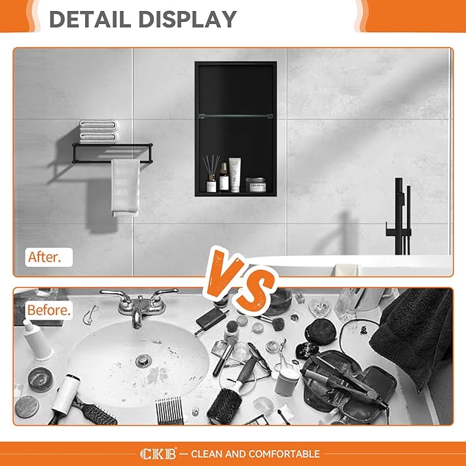 CKB Shower Niche Stainless Steel, 24 Inch x 14 Inch x 4 Inch Depth, Double-Layer Storage Shelves, Recessed Shower Shelf with Matte Black