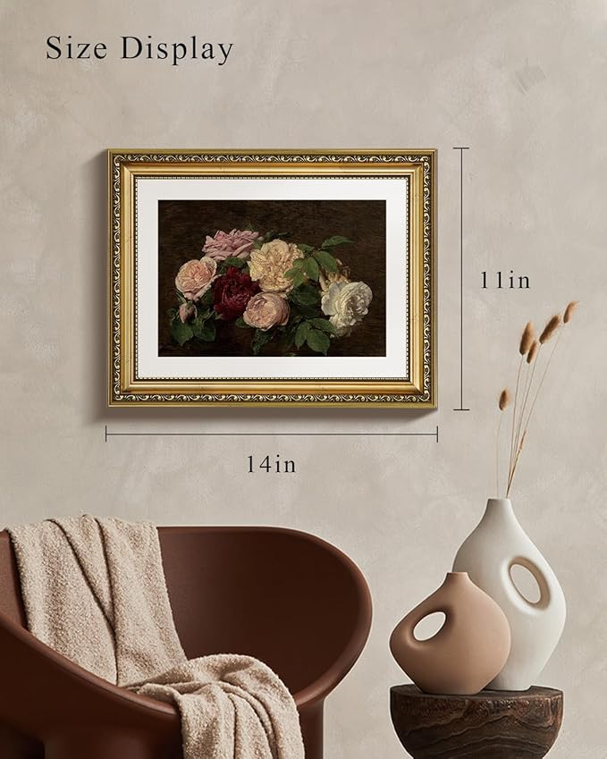 VIYYIEA Gold Framed Wall Art Canvas Print Home Decor Rose Vintage Botanical Prints Room Decor Flower Paintings Canvas Art Pictures Wall Decor Floral Wall Art for Living Room Bedroom Office 11x14in