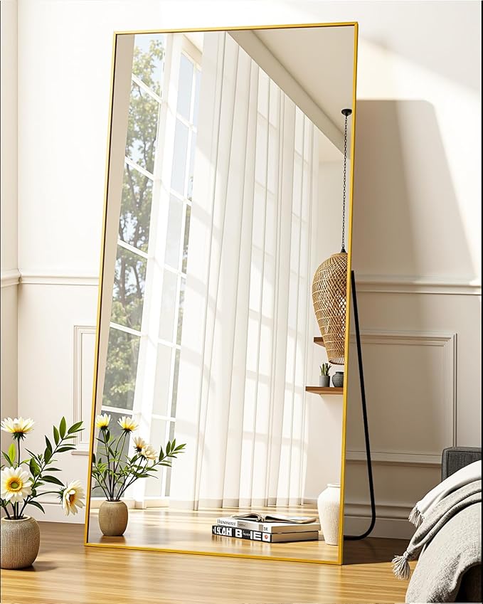 Suidia Full Length Mirror, 58"x21" Floor Standing Mirror Freestanding, Full Body Mirrors with Stand for Bedroom, Hanging Mounted for Living Room Cloakroom, Gold, Rectangular Style