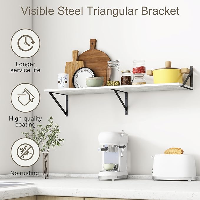 36"W x 12"D Floating Shelves, White Deep Floating Shelves for Wall with Brackets, 12 Inch Deep Wall Shelves for Books, Wide Display Storage Shelves for Bathroom, Living Room, 36 Inch Long, Set of 2