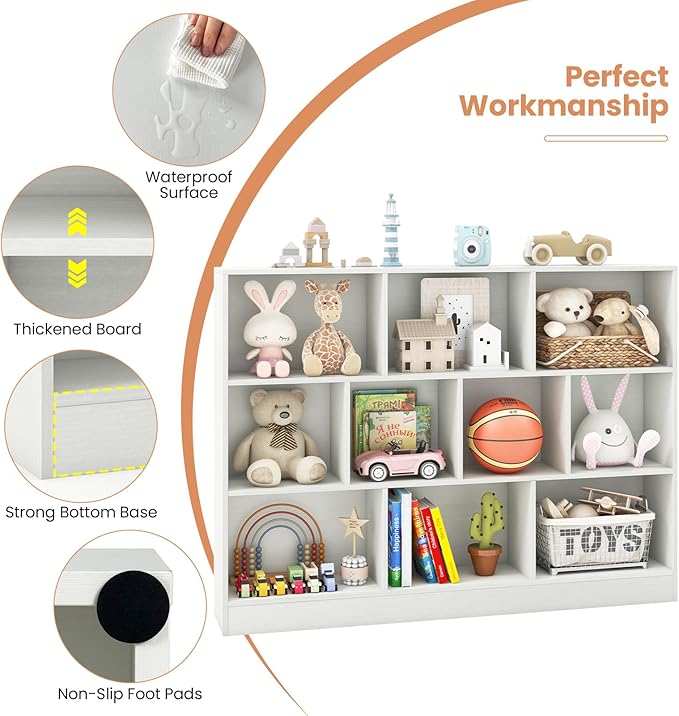 Costzon 10 Cube Bookshelf for Kids, Wooden Toy Storage Organizer w/ 2 Anti-Toppling Kits, 3 Tier Open Shelves & Non-Slip Foot Pads, Book Shelf for Kids Rooms, Playroom, Classroom, Nursery (White)