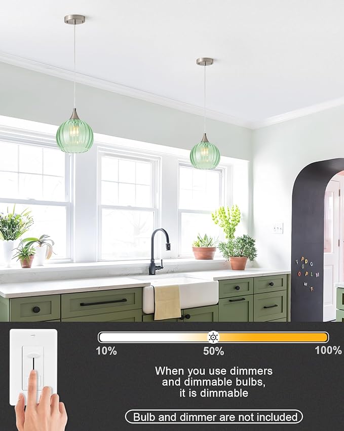 Brushed Nickel Pendant Lights Kitchen Island, Globe Pendant Light Fixtures with 8 Inch Clear Glass Shade, Modern Hanging Light Fixtures for Kitchen, Bedroom (2 Pack - Green Glass Pendant Light)