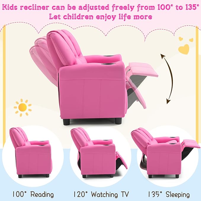 AVAWING Kids Recliner Chair, Double Kids Sofa Chair w/Cup Holder PU Leather, Toddler Loveseat Couch w/Adjustable Footrest & Headres for Boys Girls 3+ Age Group, Pink