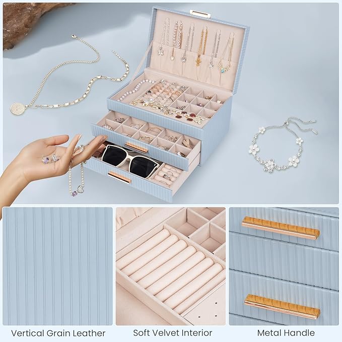 Dajasan Jewelry Organizer Box, Jewelry Storage Organizer with 2 Drawers, 3-Tier Large Jewelry Gift Box for Women, Girls, Friends, Wife or Mother, Gift Idea (Smoky Blue)