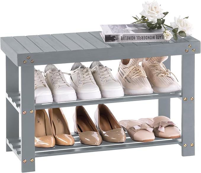 Apicizon Bamboo Shoe Storage Bench for Living Room, Entryway Storage Premium Shoe Organizer or Entryway Bench, Grey
