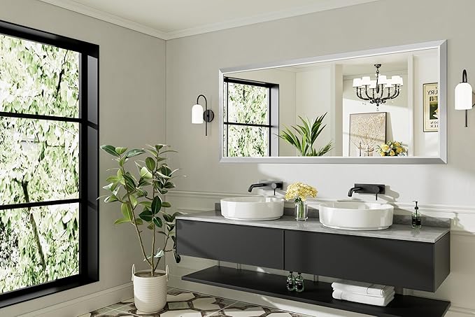 72x32 Inch Silver Bathroom Mirror for Wall, Thick Metal Framed Rectangle Mirrors for Over Sink, Bedroom, Living Room, Entryway, Anti-Rust, HD Tempered Glass