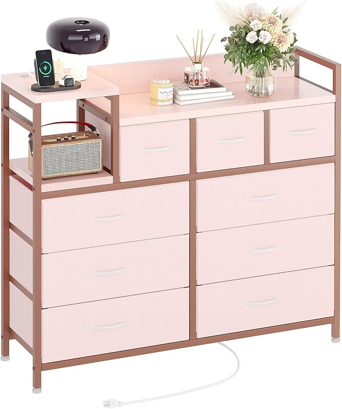Jojoka TV Stand with Charging Station, Bedroom Dresser for Living Room TV Stand with 9 Drawers, Pink