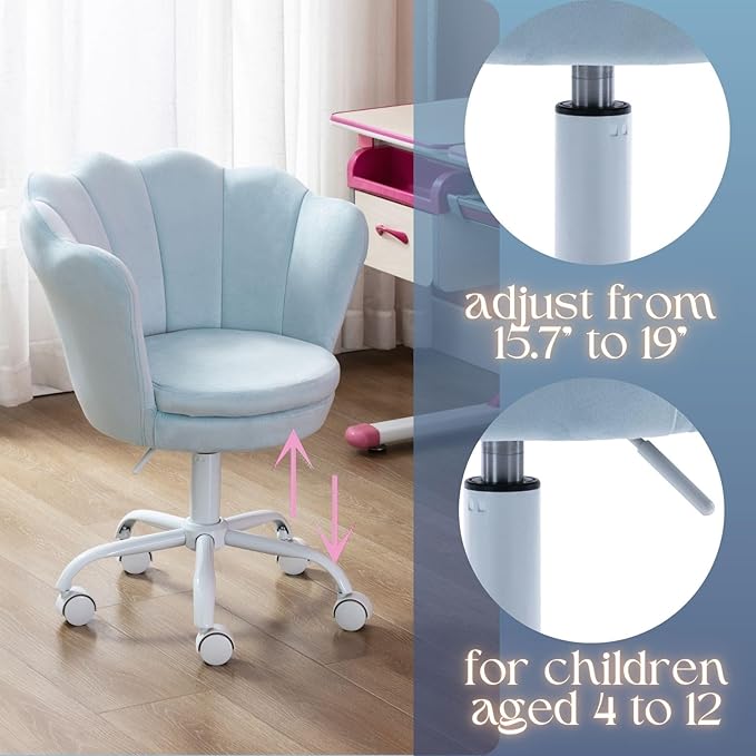 Velvet Desk Chair for Kids 8-12 Teen Room with Wheels, Upholstered Adjustable Children Computer Chair Comfy Rolling Study Armchair 360° Swivel Back and Arms for Teen Girls or Boys Bedroom, Blue