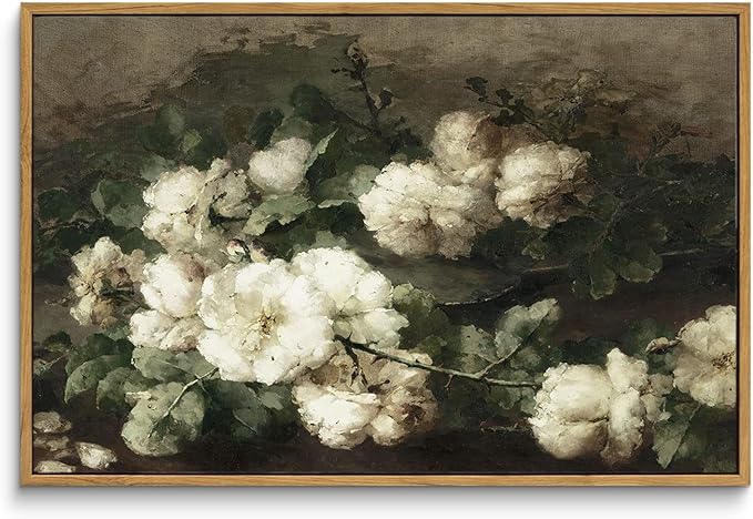 InSimSea Framed Canvas Wall Art Vintage Decor, Room Decor White Roses Still Life Paintings Canvas Print, Mid Century Modern Decor for Living Room, Bathroom Farmhouse Kitchen, 16"x24"