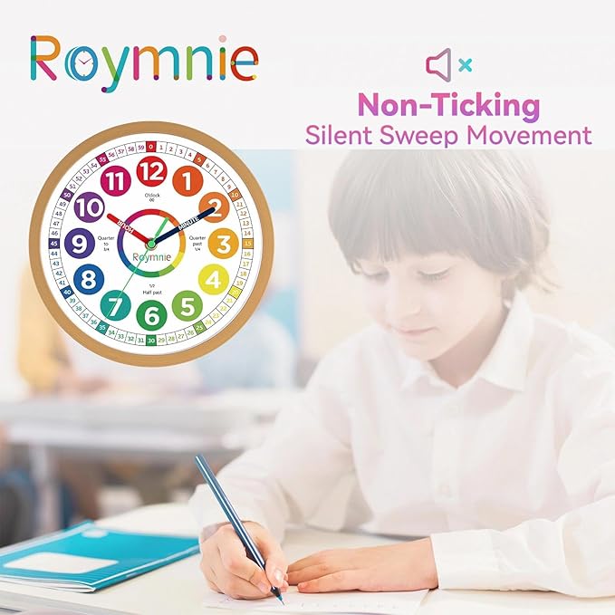 Wall Clock 10 Inch for Kids Learning Easily Kids Teaching Clock Analog Silent Non Ticking Battery Operated Colorful Teaching Time Clock Decorative for Kids Room Kitchen School
