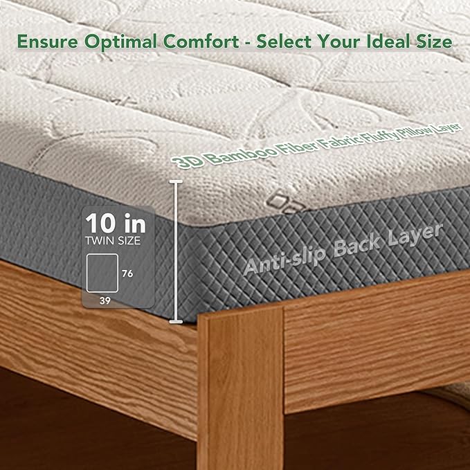 10 Inch Twin Memory Foam Mattress- CertiPUR-US Certified Foam Mattress in a Box -Medium Firm Support for Pressure Relief with Washable Bamboo Fiber Cover for Kids Single Bunk Trundle Bed
