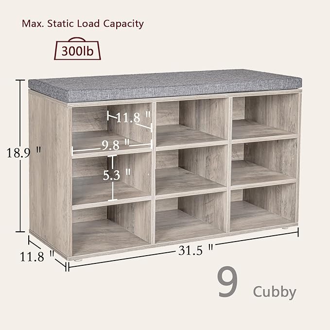 DINZI LVJ Shoe Bench, 9 Cubbies Shoe Organizer for Entryway, Storage Bench with Cushion, Cubby Shoe Rack with Adjustable Shelves for Living Room, Bedroom, Mudroom, Hallway, Greige