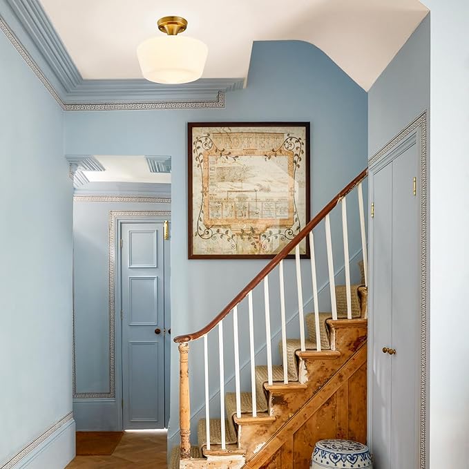 Schoolhouse Light Fixture Modern Gold Ceiling Light,Semi Flush Mount Ceiling Light,12''Wide Opal Milk Glass Shade,Brass Vintage Light for Farmhouse Bedroom Kitchen Hallway Entryway