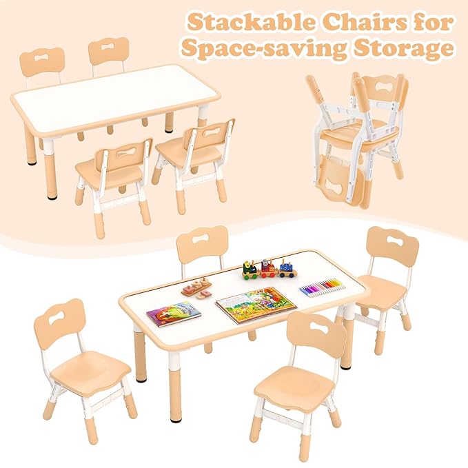 INFANS Kids Table and Chiar Set, Height Adjustable Toddler Desk and 4 Chairs with Graffiti Desktop Non-Slip Legs, Large 47" L x 23.5" W Multi-Activity Art Table for Daycare Classroom Home (Natural)