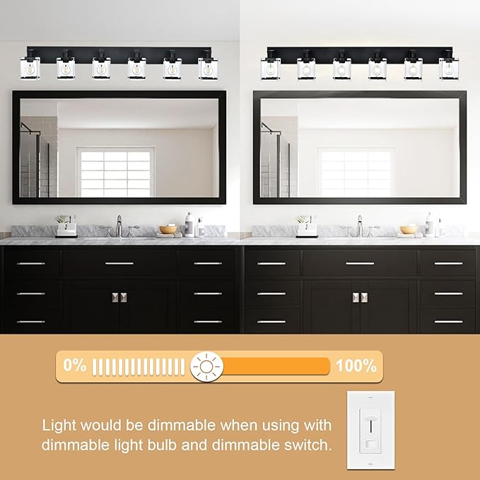 6-Light Bathroom Light Fixture Black Finish, Modern Vanity Lighting with Rectangular Clear Glass for Over Mirror Kitchen E26 Bulb Base