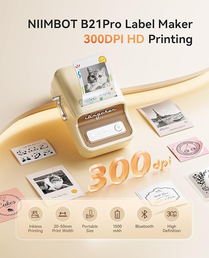 NIIMBOT Sticker Printer, B21 Pro Portabel Sticker Maker, Bluetooth Label Maker, 300DPI HD Label Printer for Photos, Notes, Study Graphics, Memo Maker,50x30mm Label,230Pcs(White)