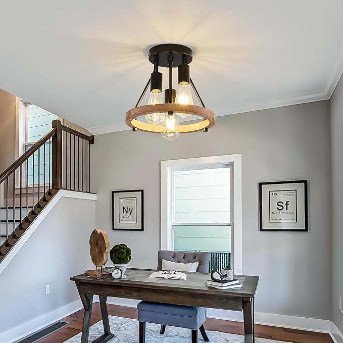 3-Light Wood Semi Flush Mount Ceiling Light Fixture Metal Rustic Ceiling Light Industrial Farmhouse Chandelier for Hallway Entryway Bedroom Kitchen Foyer Passway Balcony