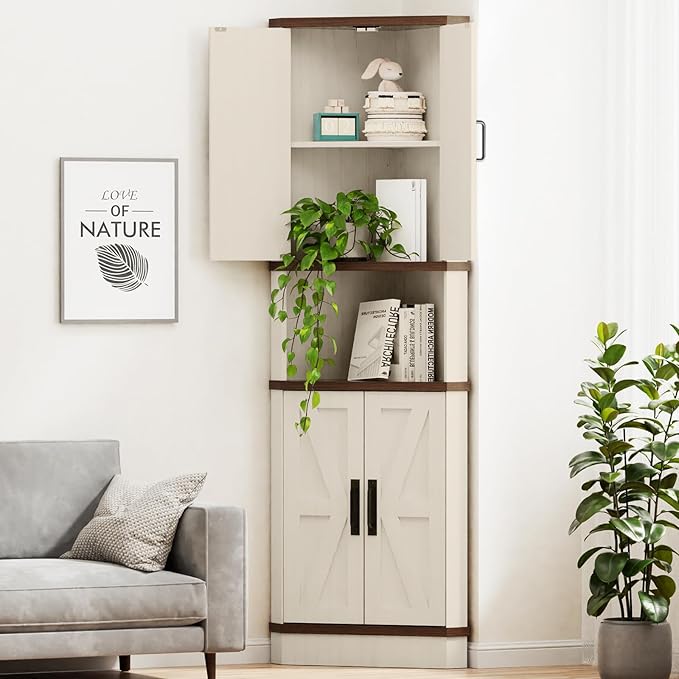 68.5" Tall Farmhouse Corner Cabinet with 4 Doors and 5 Storage Shelves, Farmhouse Storage Cabinet with Barn Door Design, Home Space Saver for Living Room, Kitchen