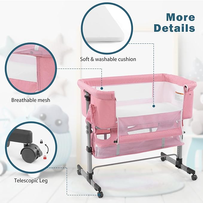 Baby Crib,3 in 1 Bedside Crib Adjustable Portable Bed for Infant,Baby Bassinet Newborn Must Have Bed,Pink