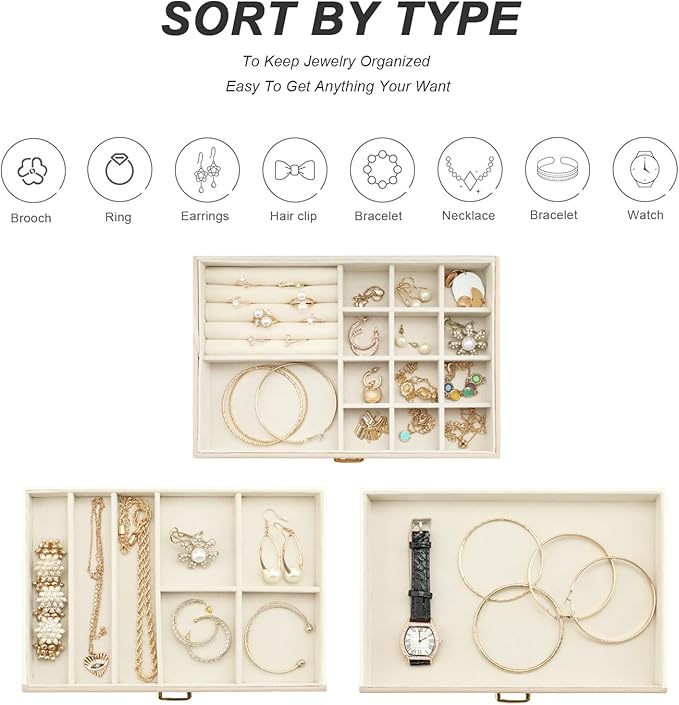 Jewelry Box, 3-Tier with 2 Drawers, Beige, Modern, Women's Jewelry Organizer