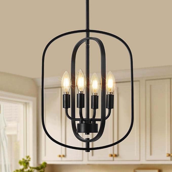 Small Modern Black Chandelier for Foyer, 4 Light Industrial Entryway Lighting Fixtures,Farmhouse Pendant Light for Kitchen Island Stairway Hallway Dining Room