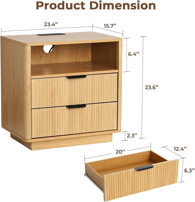 HOMMPA 24'' Fluted Nightstand with Charging Station, Modern Bedside Table with Storage, 2 Drawer Beside End Table with Open Shelf, Mid Century Modern Wood Night Stand for Bedroom, Living Room