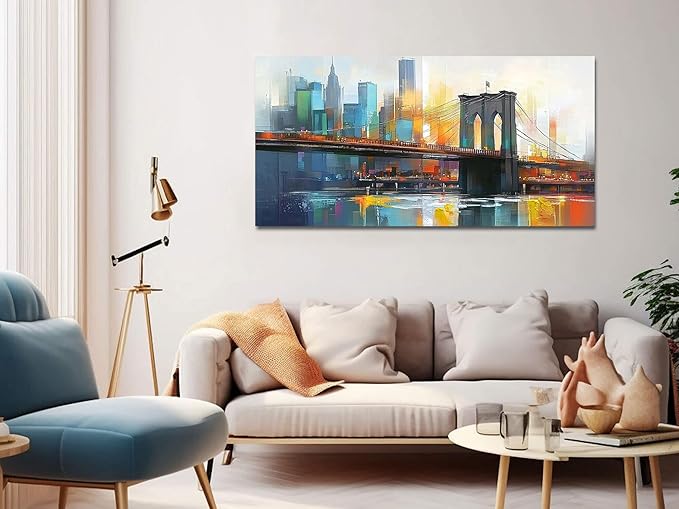 Arjun Cityscape Wall Art New York City Canvas Painting Brooklyn Bridge Manhattan Modern Blue Picture Grey Artwork Framed for Living Room Bedroom Dinning Room Bathroom Home Office Wall Decor 40"x20"