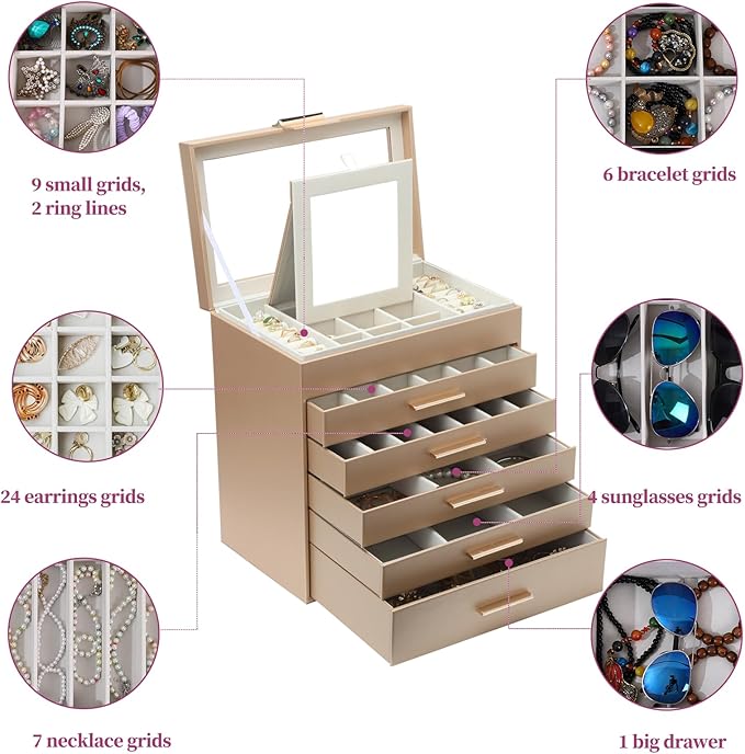 BOOVO Jewelry Boxes for Women, White and Black 6 Layer Large Jewelry Box for Necklace, Bracelet, Earrings, Rings Storage, Jewelry holder Organizer for Girls Gift (Gold, 6 layer)