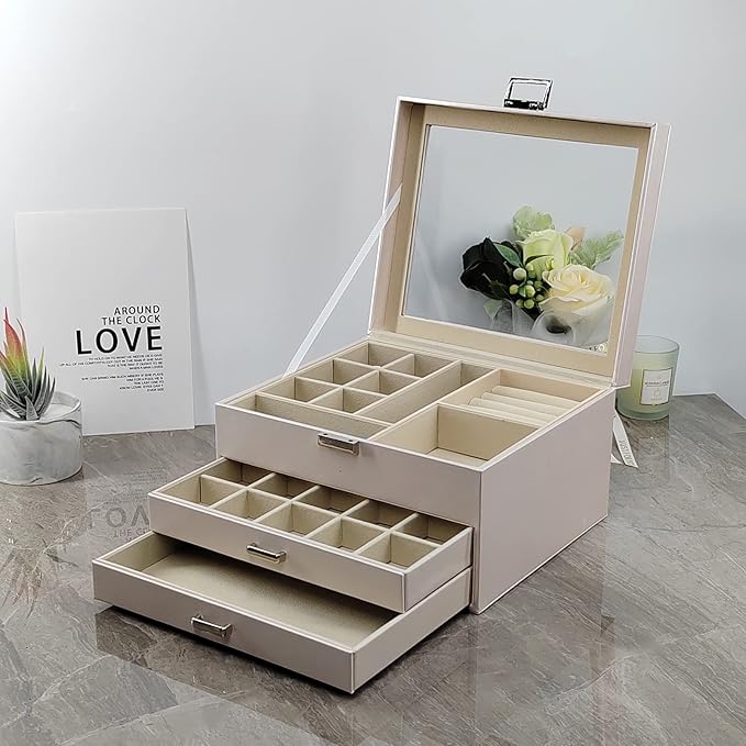 Clear Lid Jewelry Box,3 Layers Jewelry Organizer Large Multi-Functional Jewelry Storage Box with 2 Drawers,Jewelry Display Case of Rings Earrings Necklace Bracelets for Women Girls (Light gold)