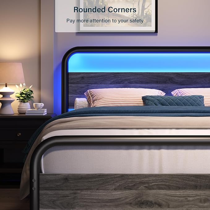 Catrimown Queen Bed Frame with Wood Headboard, Metal Bed Frame with Under Bed Storage, LED Platform Bed Frame with 20 Light Modes, Noise Free, No Box Spring Needed, Wash Gray